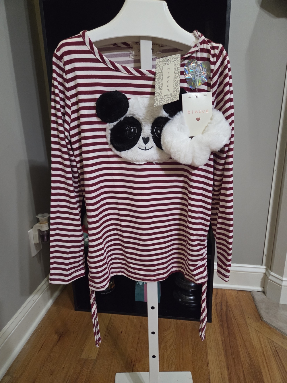 btween Burgundy and White Striped Panda Accent Long Sleeve Top
